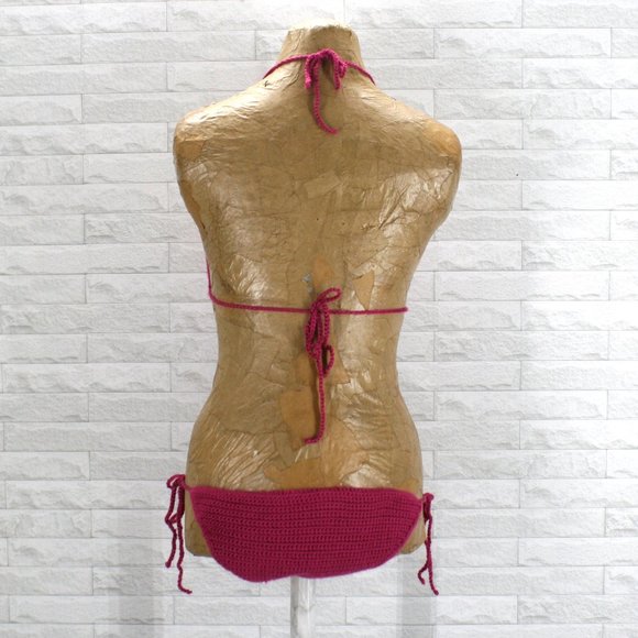 HAND CRAFTED Swimsuit Crochet Monokini Low Cut Boho Magenta Hot Pink Medium - Picture 5 of 13